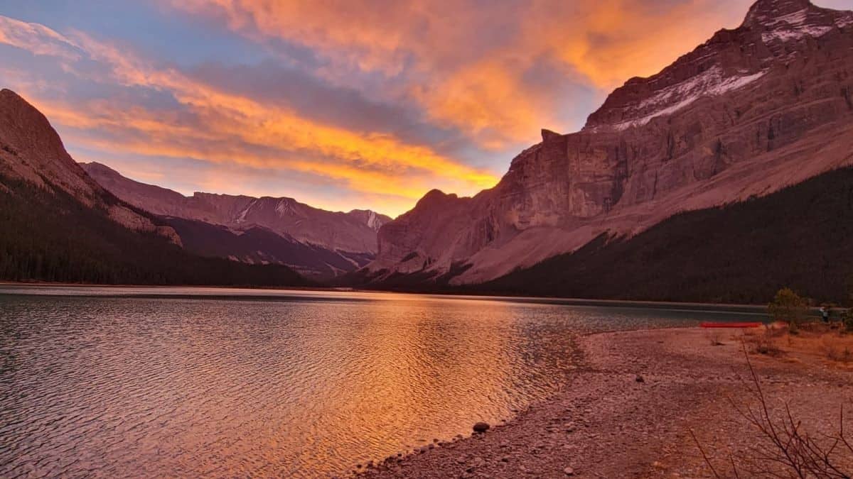Sunrise at the southern most point of Maligne Lake in Jasper National Park