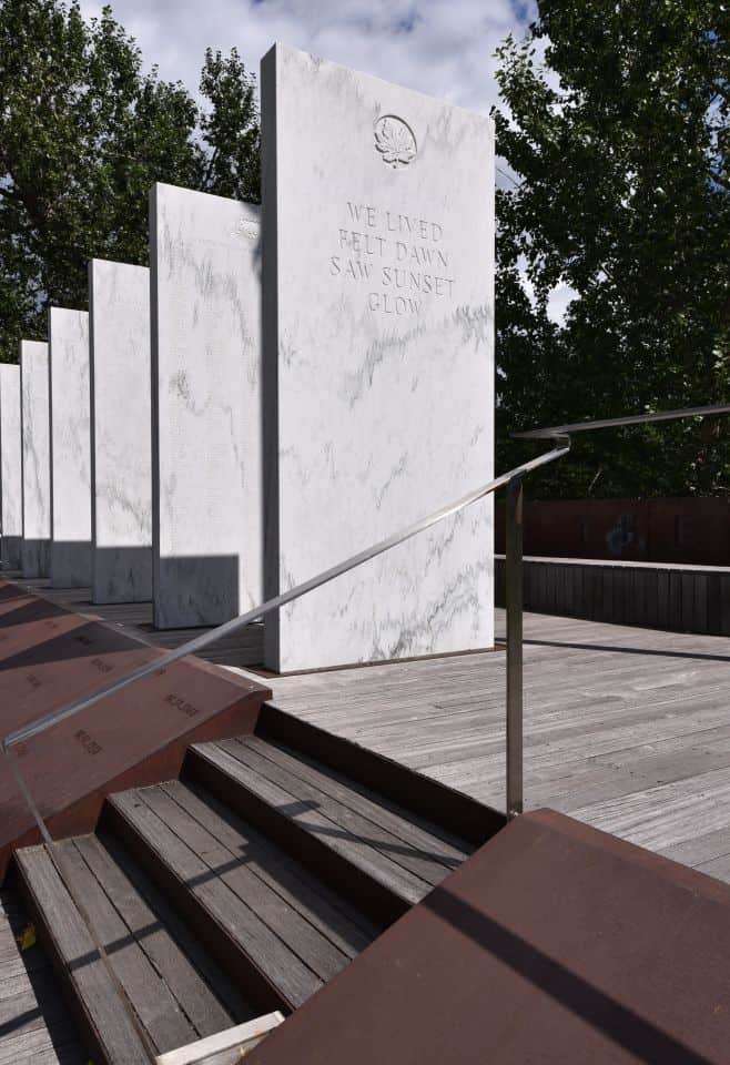 The Calgary Soldier's Memorial is part of the Landscape of Memory in Calgary, Alberta, Canada.  Names of soldiers who gave their lives in service are inscribed on the marble monument.