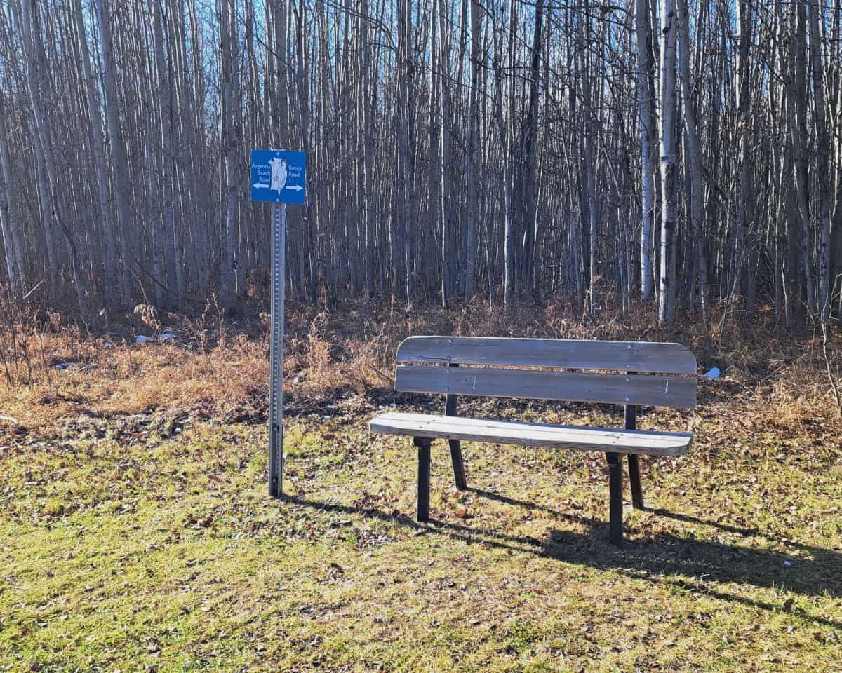 A sitting bench for walkers to enjoy at the Graves Wildlife Sanctuary Trail at Pigeon Lake Alberta Canada