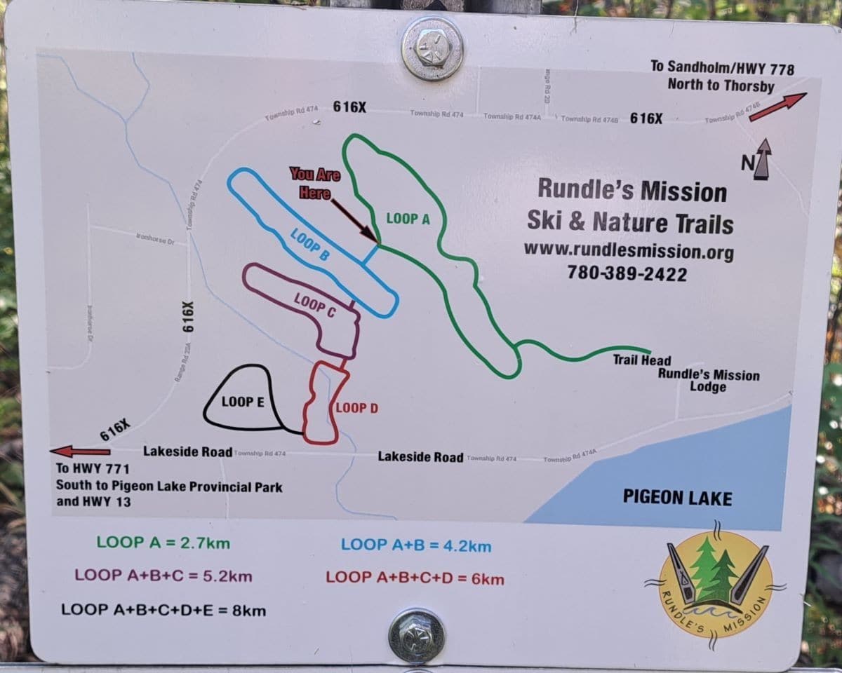 Rundle's Mission Ski & Nature Trails Map including Pigeon Lake Trails at Rundle's Mission Nature Conservancy in Alberta, Canada.