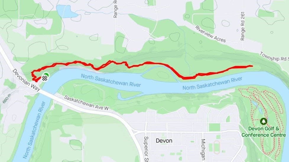 Our trail map showing the start and end points of the Devonian and River View Trails at Prospector's Point across from the Town of Devon, Alberta, Canada. This moderately challenging hiking trail follows along the contours of the North Saskatchewan River Valley's steep banks.