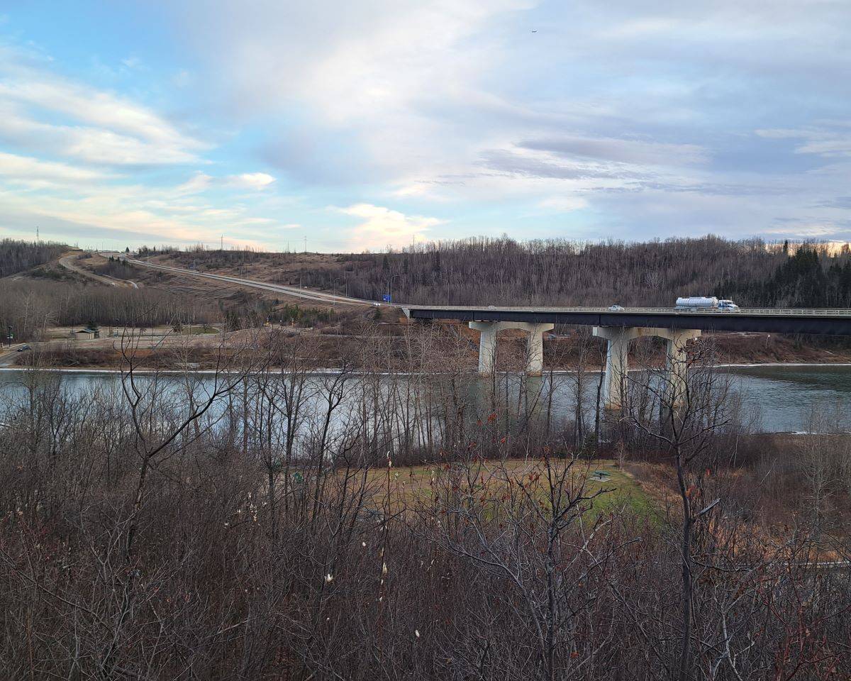 Across from Prospector's Point in Parkland County is the Town of Devon, Alberta, Canada. To the left of the Highway 60 bridge is Devon Voyageur Park and on the righthand side is the Up to Stew Trail. Named after a local cycling legend.