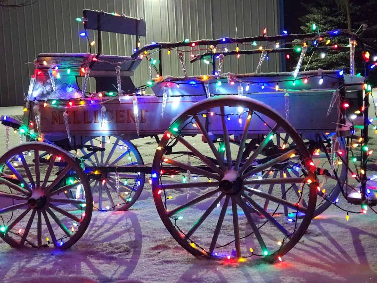 A carriage decorated for Christmas with lights at the Brooks and District Museum in Brooks Alberta Canada.