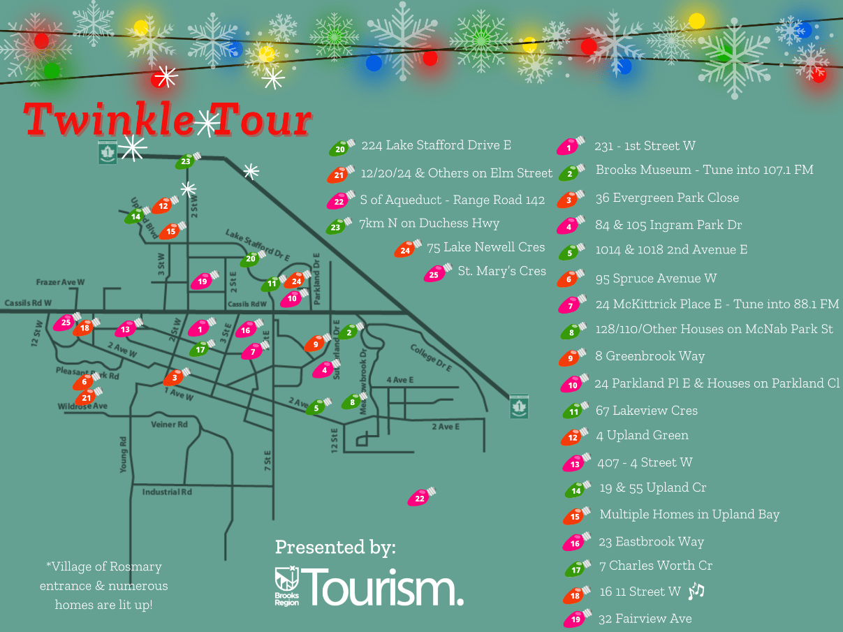 Twinkle Tour Map for the Brooks Alberta Canada guiding the way for the self guided driving tours of Xmas Lights.