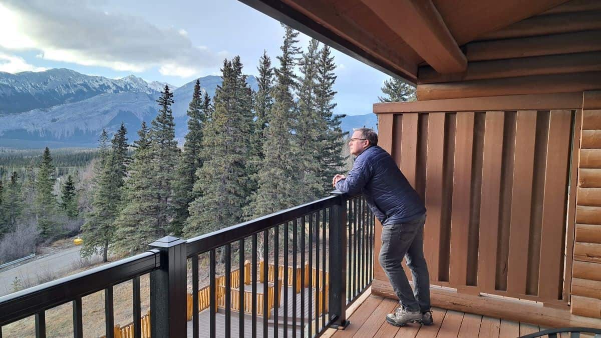The Mountain View Rooms at Overlander Mountain Lodge have large balconies perfect for enjoying the view of Jasper National Park Alberta Canada