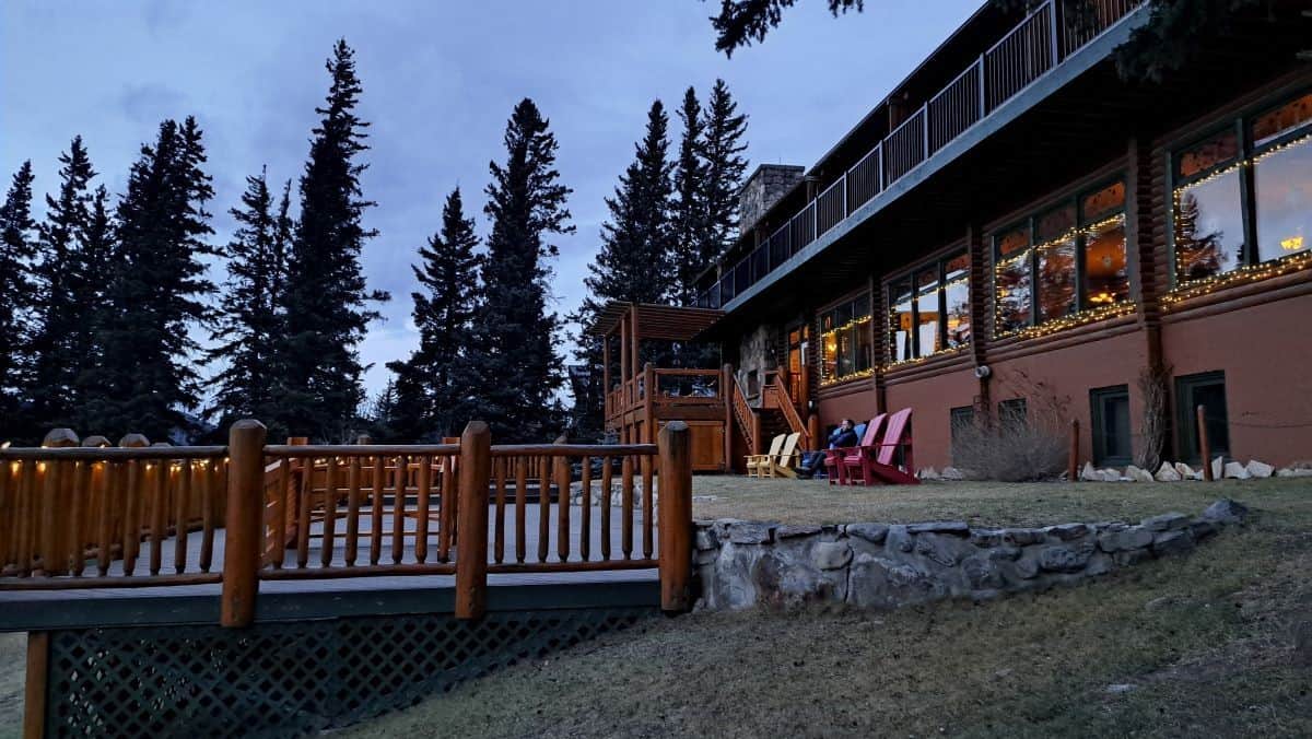 Overlander Mountain Lodge has a large patio with amazing views of Jasper National Park in the Canadian Rocky Mountains in Alberta