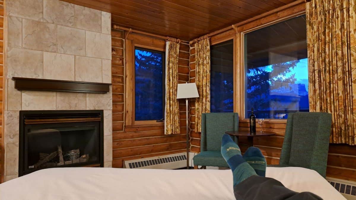 Mountain view rooms at Overlander Mountain Lodge are cozy with their gas fireplaces and Rocky Mountain views.