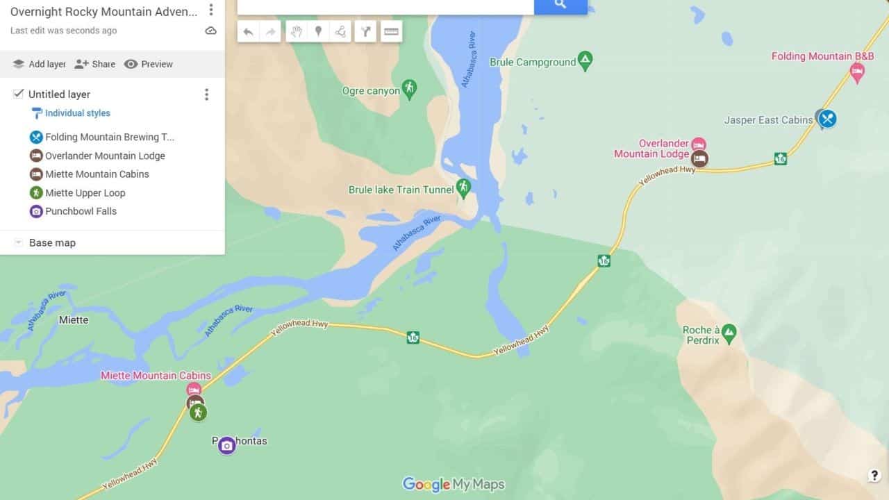 A map showing the location of Overlander Mountain Lodge, Folding Mountain Brewing, Miette Mountain Cabins, the Coal Mine Trail and Punchbowl Falls in and near Jasper National Park Alberta Canada