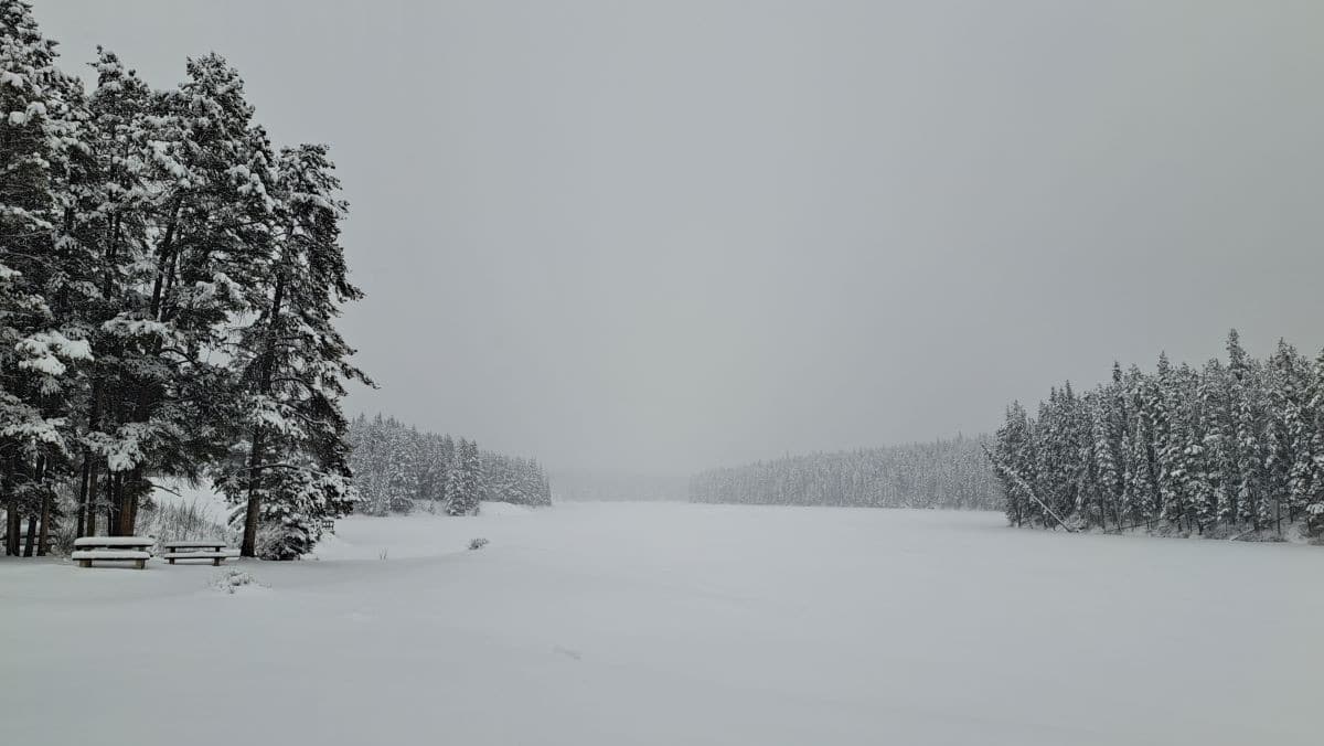 A grey and snowy day at Johnson Lake in Banff National Park, Alberta Canada.
