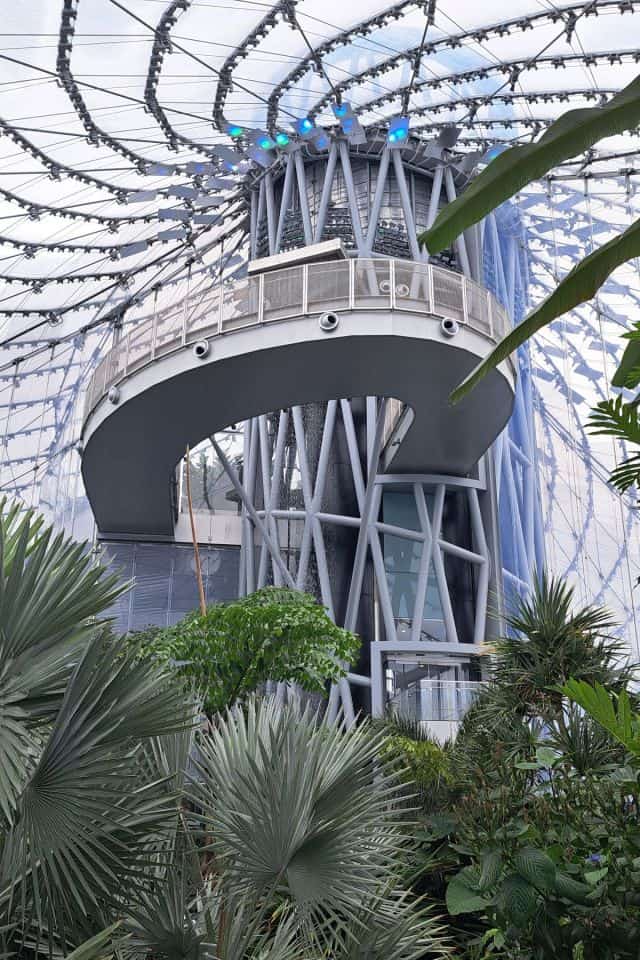 The central tower at The Leaf is an interesting acrchitectural feature. Here an elevator takes visitors to the 6th floor to walk the bridge looking down on the tropical biome before entering the butterfly garden.