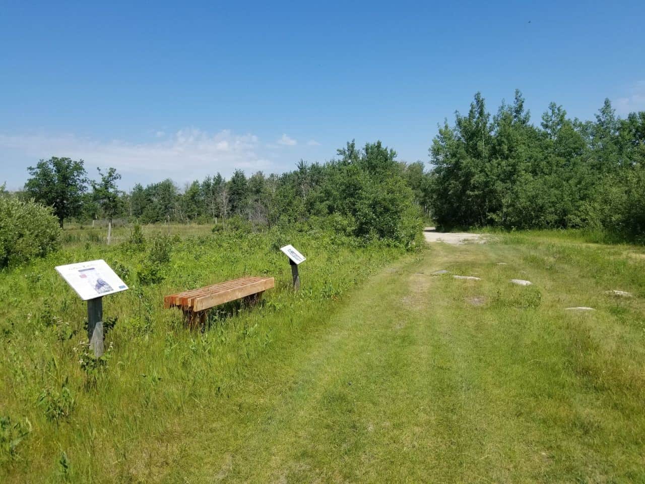 Informative interpretive signs along the Crow Wing Trail / Chemin St. Paul guide pilgrims and hikers through Manitoba’s prairie landscapes, marking historical, cultural, and natural points of interest on this Canadian Camino route.