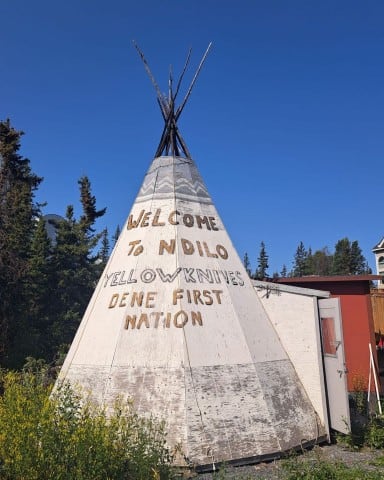 A tipi welcomes visitors to N'Dilo Yellowknives Dene First Nations in the Northwest Territories, Canada.