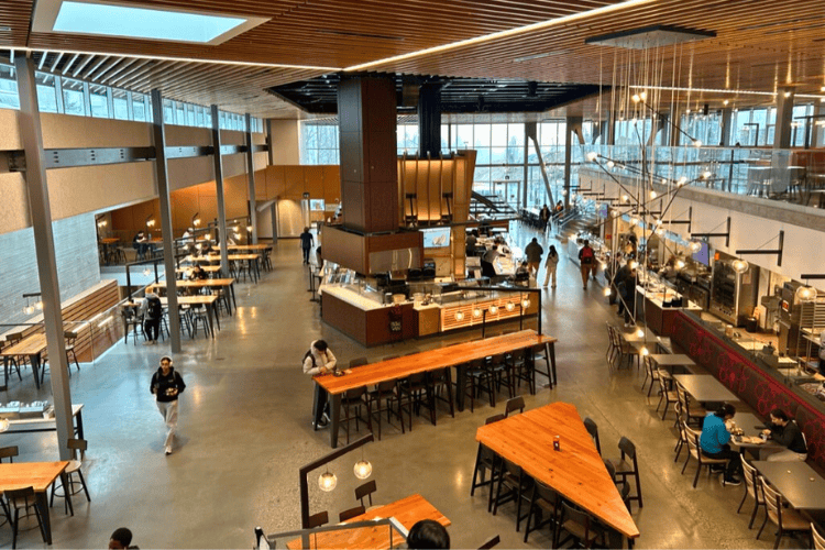 Overview of the Dinning Commons at Simon Fraser University in Burnaby, British Columbia, a large cafeteria on the university campus