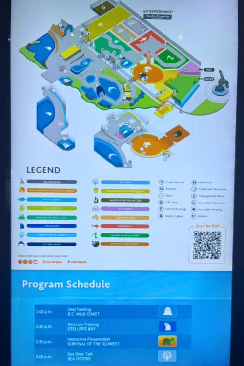 Map of the Vancouver Aquarium via the interactive directory that is on display. Includes location of exhibits as well as Program show times.