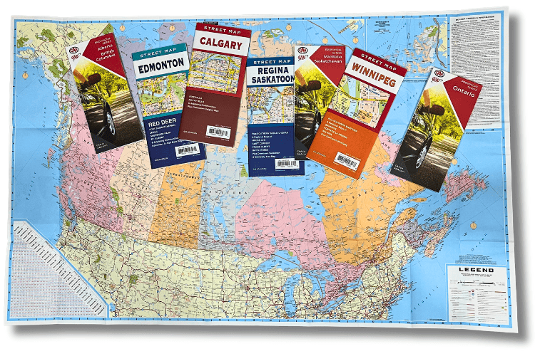 Major city, region and provincial maps of Canada overlay a large map of Canada