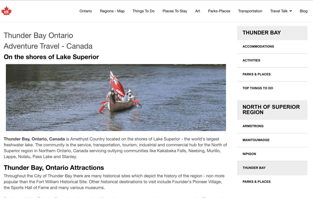 Eh, Canada Travel website showing Adventure Travel in Thunder Bay Ontario