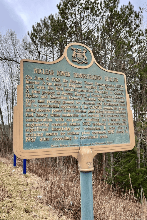 A plaque detailing the history of the nuclear power demonstration reactor outside of Rolphton, Ontario, provided by the Ontario Heritage Foundation, Government of Ontario