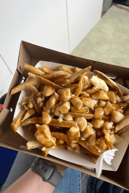A take-out box of poutine with a white, plastic fork.