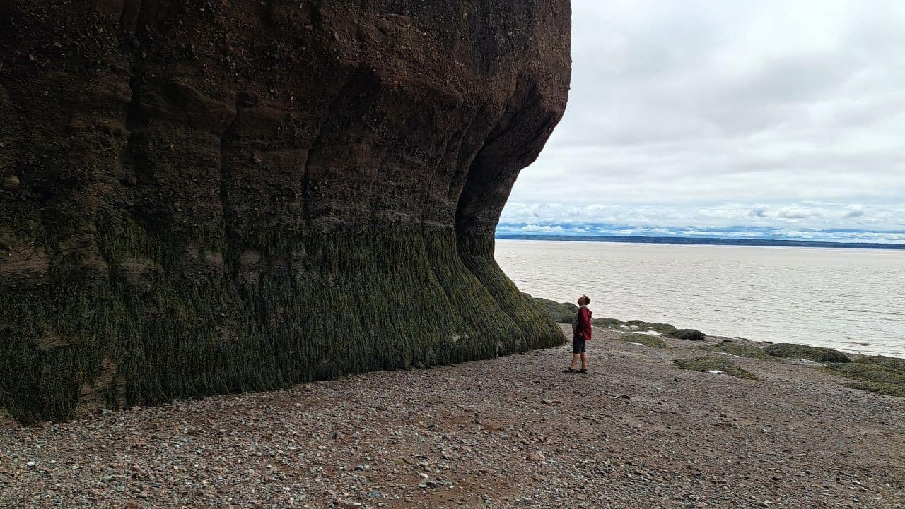 Man standing at the base of the towering rock formations at Hopewell Rocks Provincial Park in New Brunswick, dwarfed by their immense size