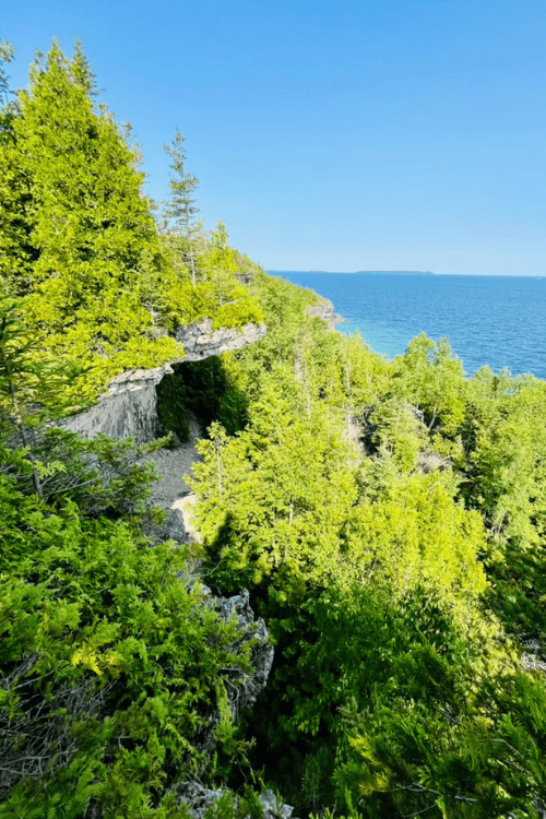 A view of Overhanding Point from the side, grey limestone cliff on the side of a green and lush forest with the blue waters of Georgian Bay in the background.
