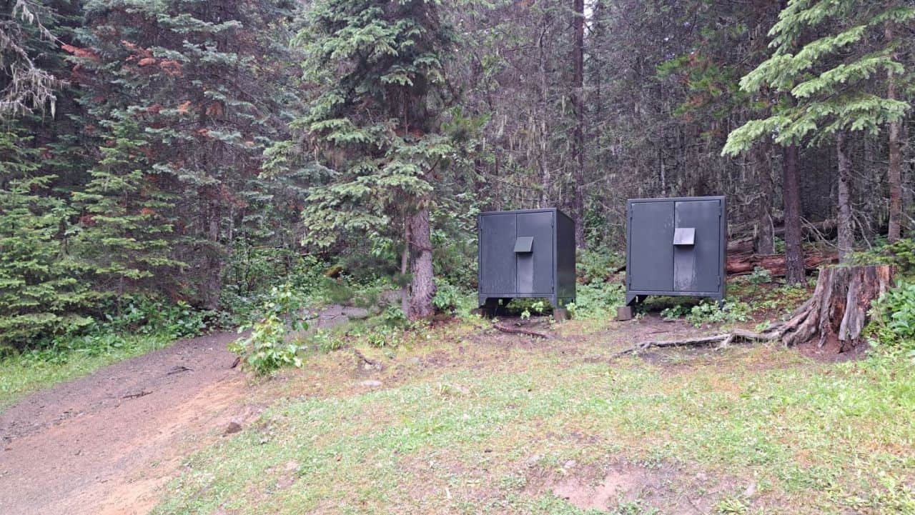 Two sets of bear lockers to keep gear safe are available at the end of the portage between the registration buildling and Kibbee Lake should paddlers need to make multiple trips.