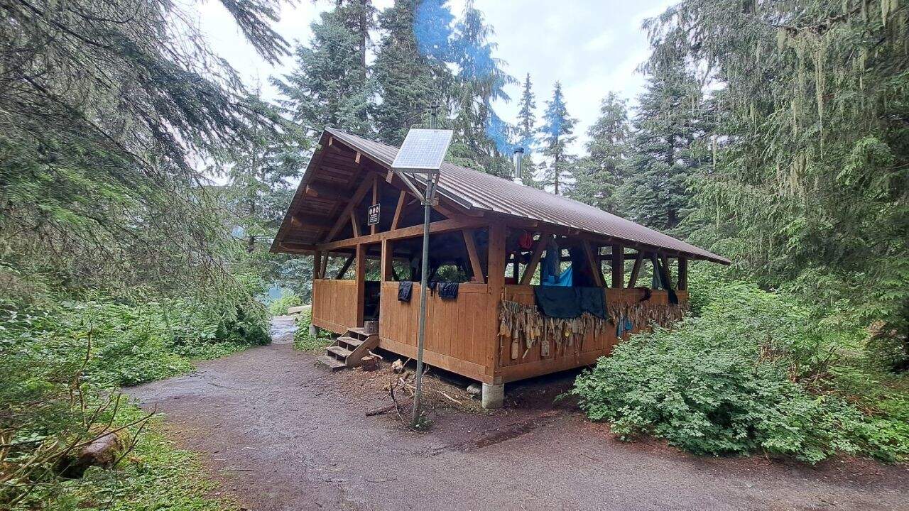 A large cookshack at campsite 28 at the far end of Isaac Lake overlooks The Chute. The cookshack allows paddlers to warm up and to dry their gear.
