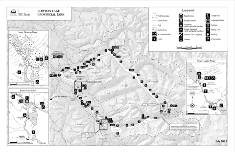 A BC Parks Bowron Lakes Canoe Circuit Map indicating campsites, amenities and attractions.