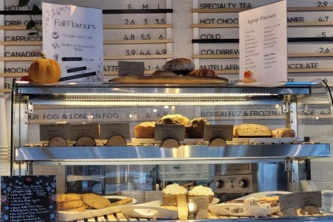 A tempting display of freshly baked pastries at Boreal Café in downtown St. John’s, Newfoundland — the perfect accompaniment to fresh brewed coffee for a cozy breakfast or mid-trail treat.