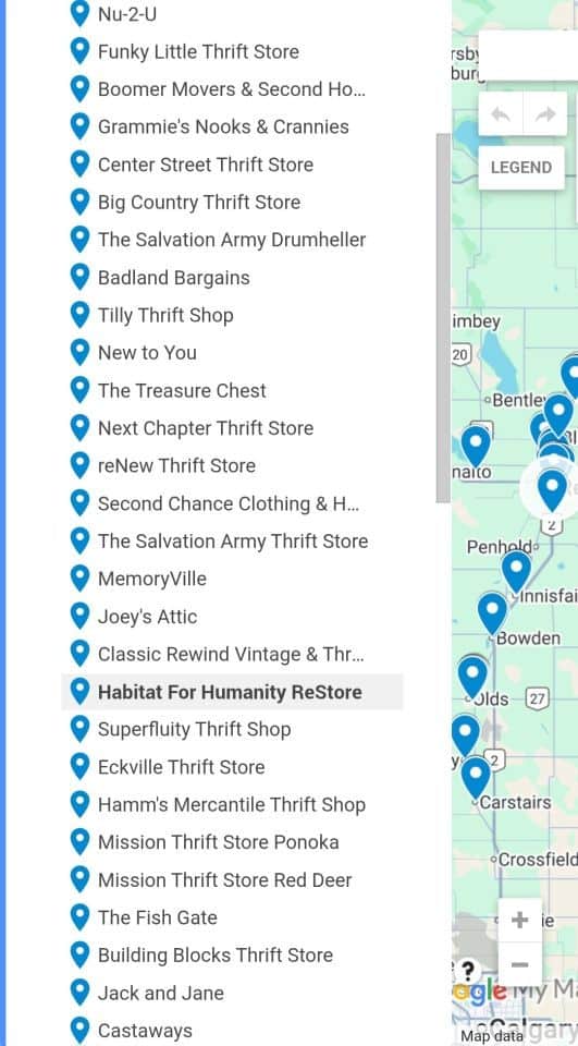 A list provided from the Central Alberta Thrift Store route map on Google Maps