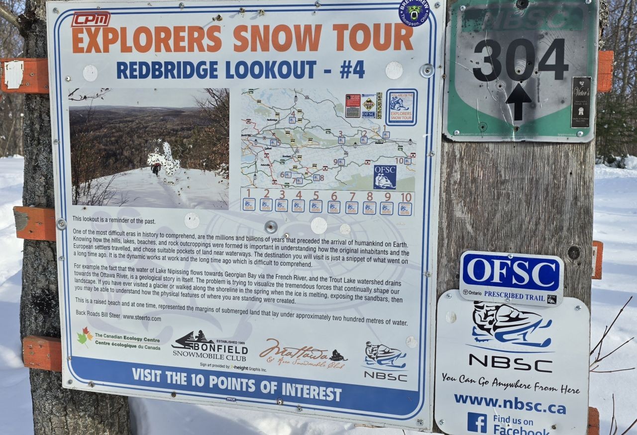 Explorers Snow Tour Route 4 sign at Redbridge Lookout near North Bay Ontario