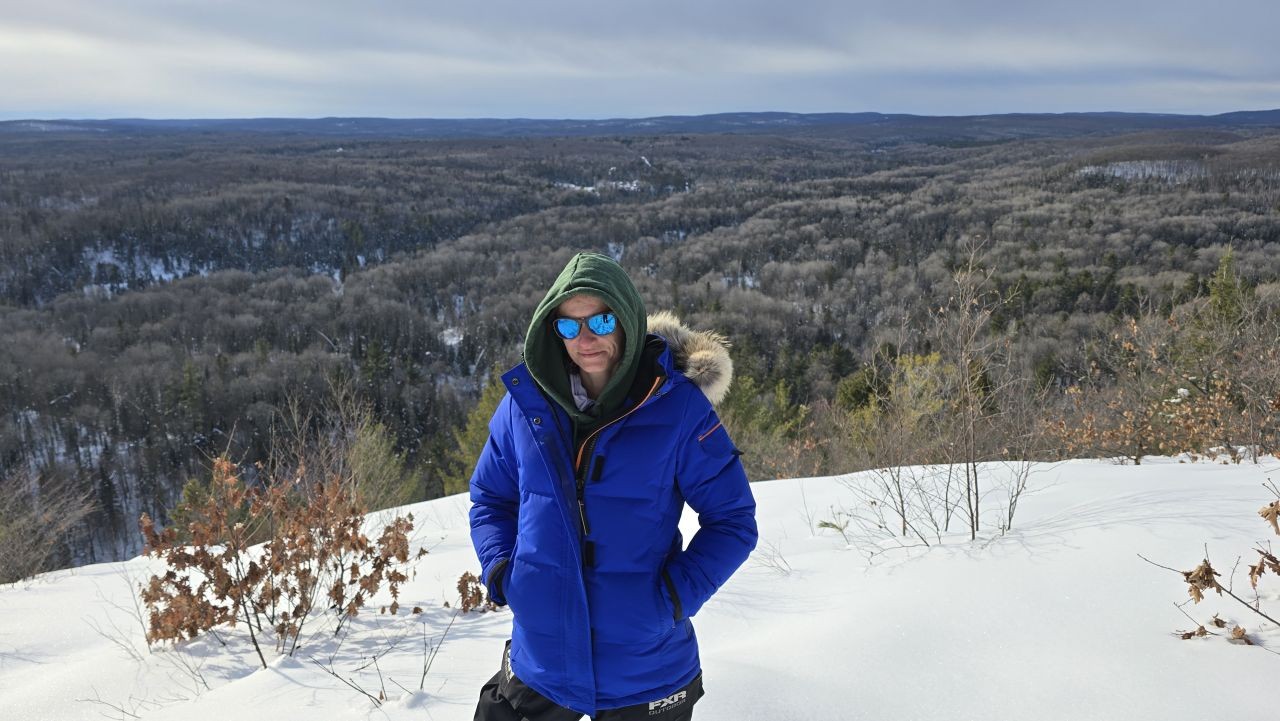 Snowmobile stop at Redbridge Lookout along the Snow Explorers Route near North Bay Ontario