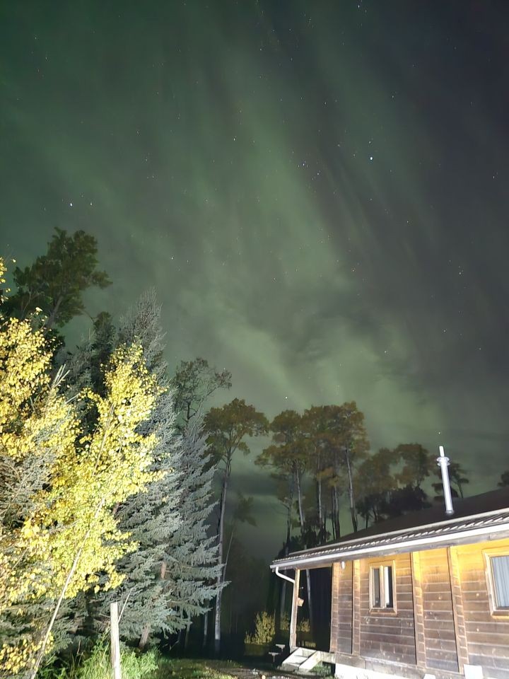 Northern Lights above Elk Cabin at Bearberry Cabins in Clearwater County Alberta foothills