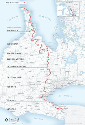 How to Hike the Bruce Trail in Ontario Canada. Map of the Bruce Trail hiking route showing the 890-kilometre trail  in Ontario Canada.