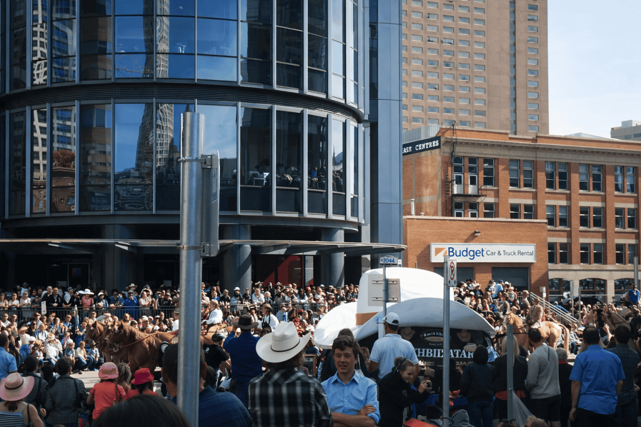 Crowds line downtown Calgary streets during the Calgary Stampede Parade as riders on horseback and a covered wagon pass by modern buildings in bright daylight.