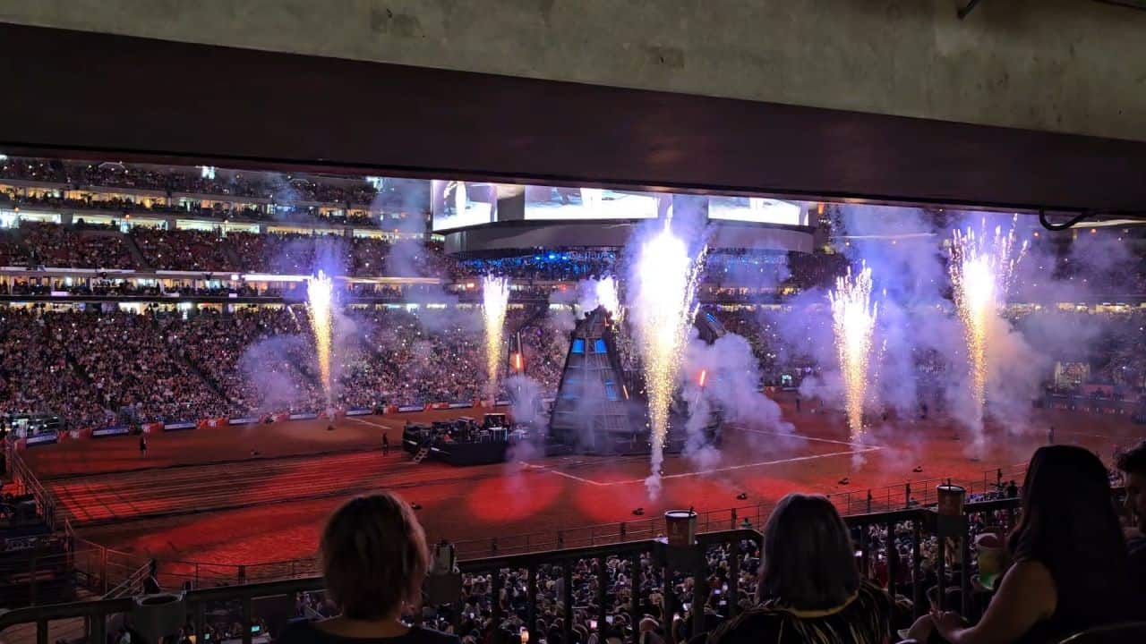 NRG Stadium in Houston Texas lights uo before performer Kelly Clarkson hits the stage 