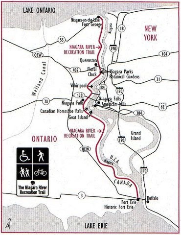 Trail map of the Niagara River Recreational Trail in Ontario, Canada, showing route and key attractions from Fort Erie to Niagara-on-the-Lake, including Niagara Falls, parks, historic sites, and wineries.