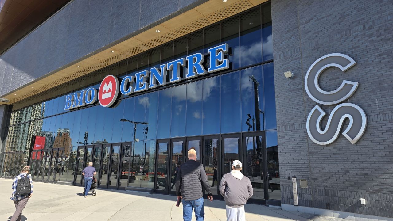 BMO Centre entrance at Stampede Park in Calgary, Alberta, where the Calgary Outdoor Adventure & Travel Show takes place annually in early spring.