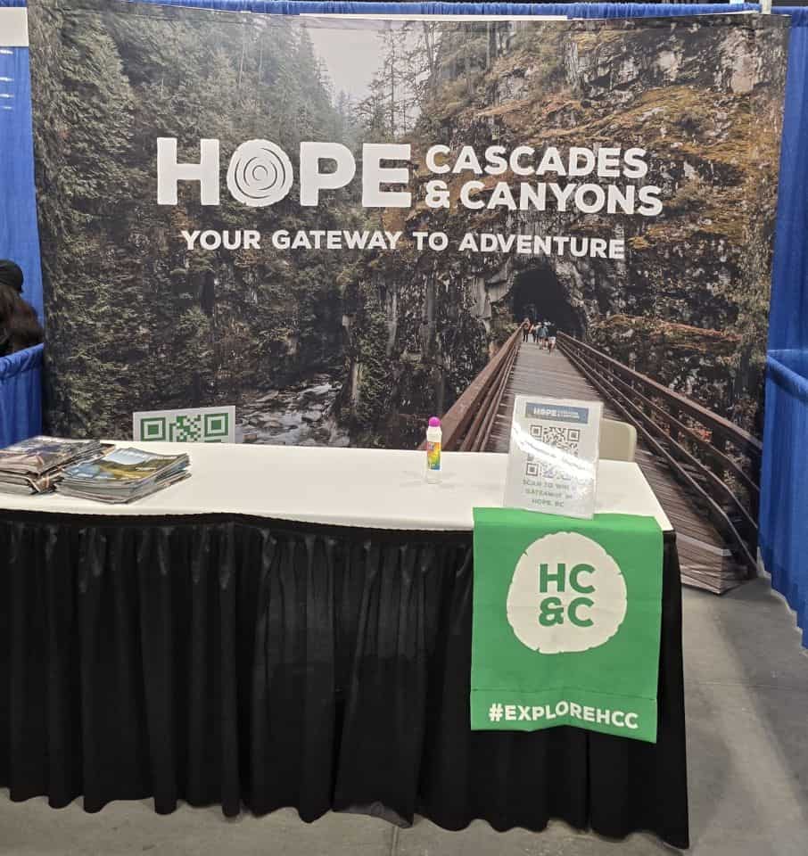 Hope British Columbia tourism booth at the Calgary Outdoor Adventure & Travel Show in Calgary, Alberta.