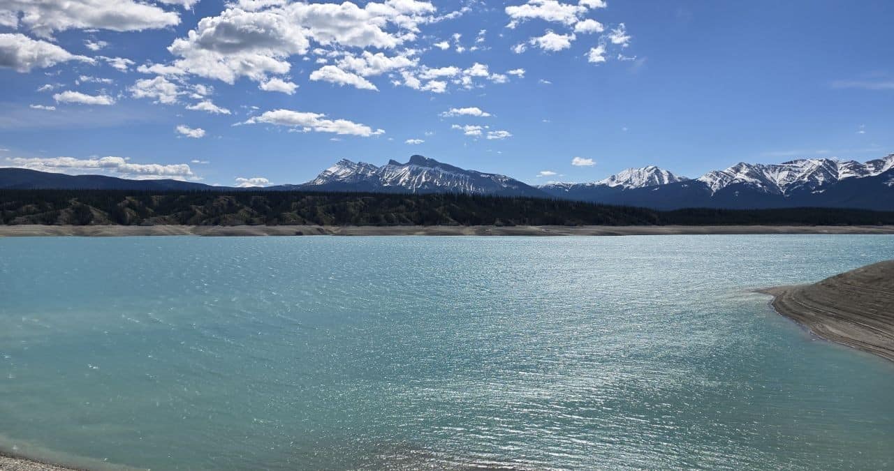 Stunning mountain views from Abraham Lake in David Thompson Country Alberta Canada