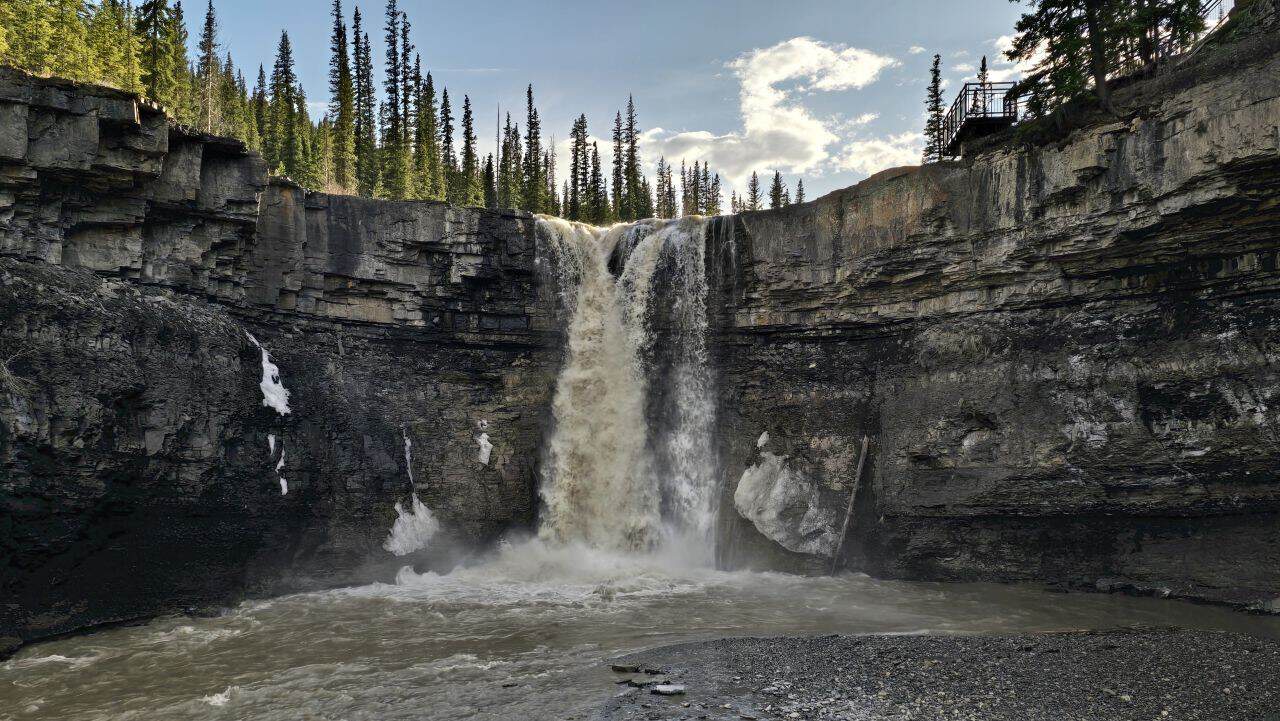 Crescent Falls has a powerful spring flow at the start of run off season in Alberta Canada