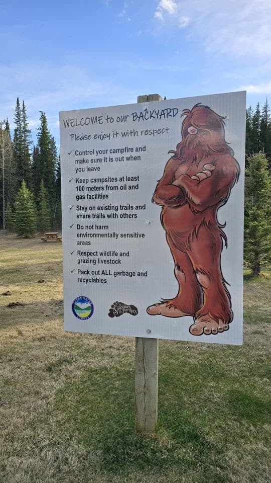 Sasquatch sign on a scenic road trip through David Thompson Country near Nordegg, Alberta.