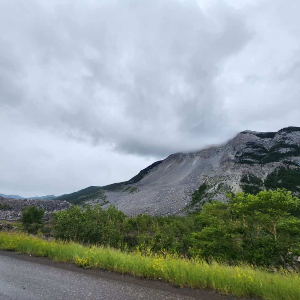 Franks Slide on a eerie foggy day in Southern Alberta Canada