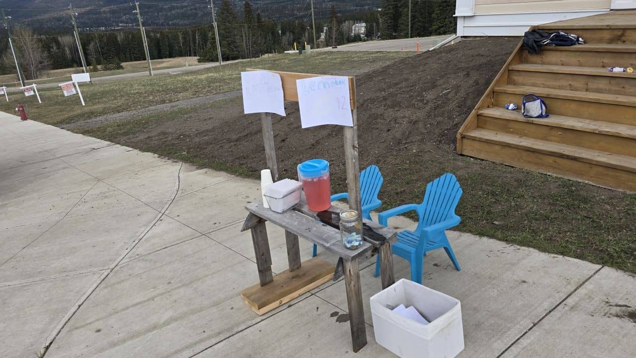 Children at a roadside lemonade stand in Nordegg, Alberta, during a family road trip through David Thompson Country.