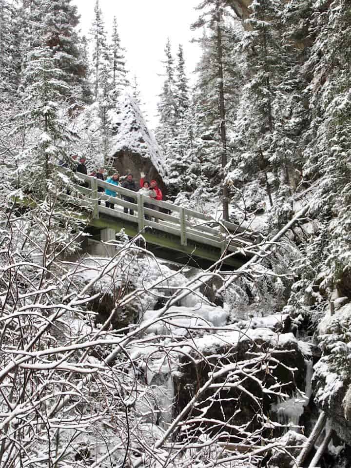 Group of people standing on high wooden bridge above a frozen creek in a snow-covered forest setting.