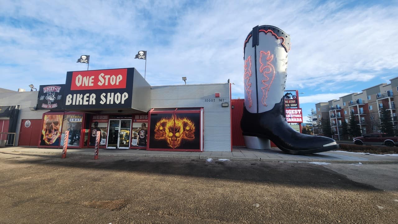 One Stop Biker Shop Big Boot - The One Stop Biker Shop is the current business found beside this gigantic boot in Edmonton, Alberta, Canada 