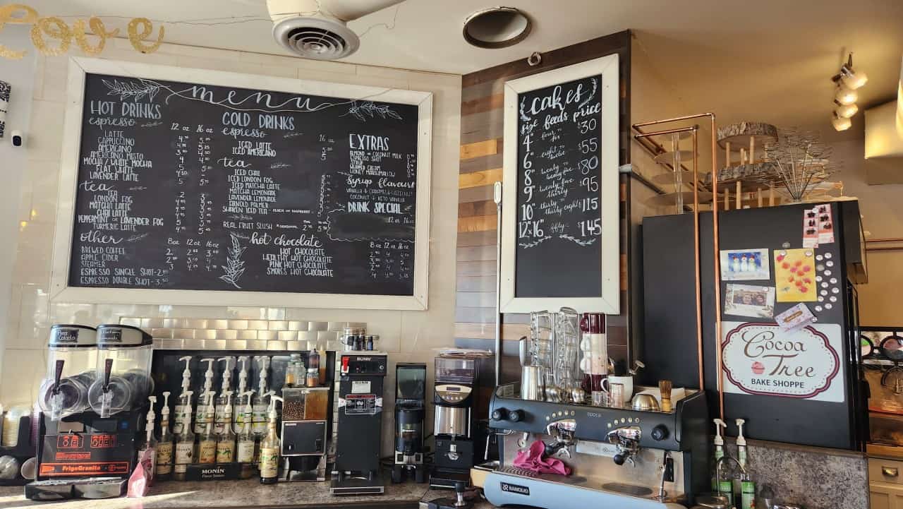 Cake and Drink Menu at Cocoa Tree Bake Shoppe - A lovely little cafe located in Olds, Alberta, Canada. The Cocoa Tree offers a wide range of beverages to choose from 