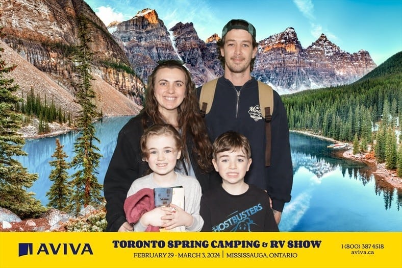 Family Photo Booth Toronto RV Show Mississauga Ontario 2024 - Aviva set up an adventurous photo booth for the fun travelers at the Toronto Spring Camping and RV Show hosted at the International Center in Mississauga, Ontario, Canada. 