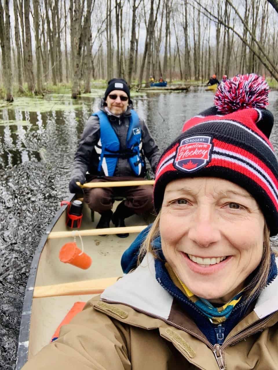 Canoe Selfie on Spencer Creek in Ontario Canada - We bundled up to stay warm during our paddle through the Spencer Creek in Flamborough, Ontario, Canada.