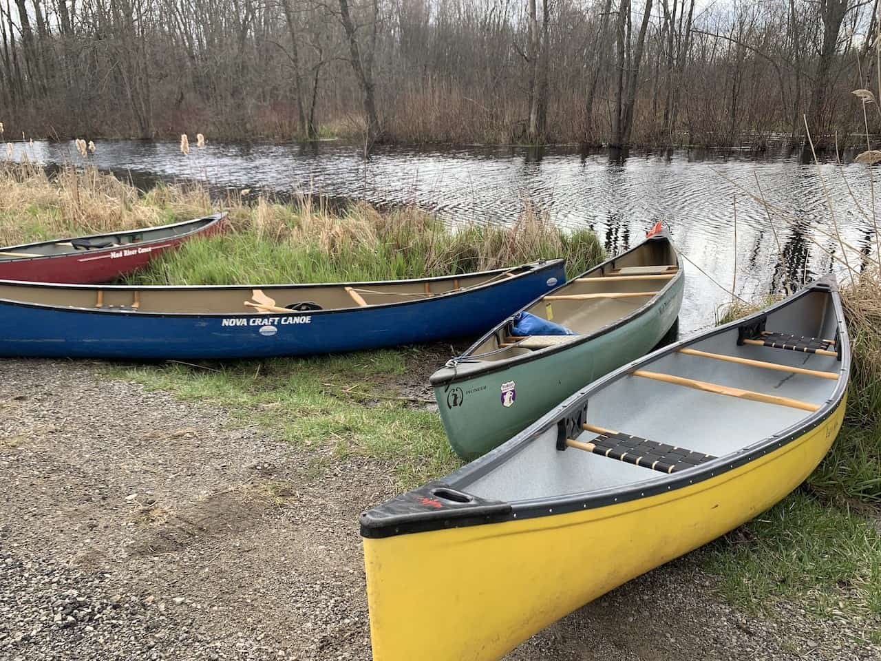 Launching Canoes in the Spencer Creek in Flamborough Ontario Canada - We parked at the side of the road and found a good spot to launch our canoes in the Spencer Creek in Flamborough, Ontario, Canada.