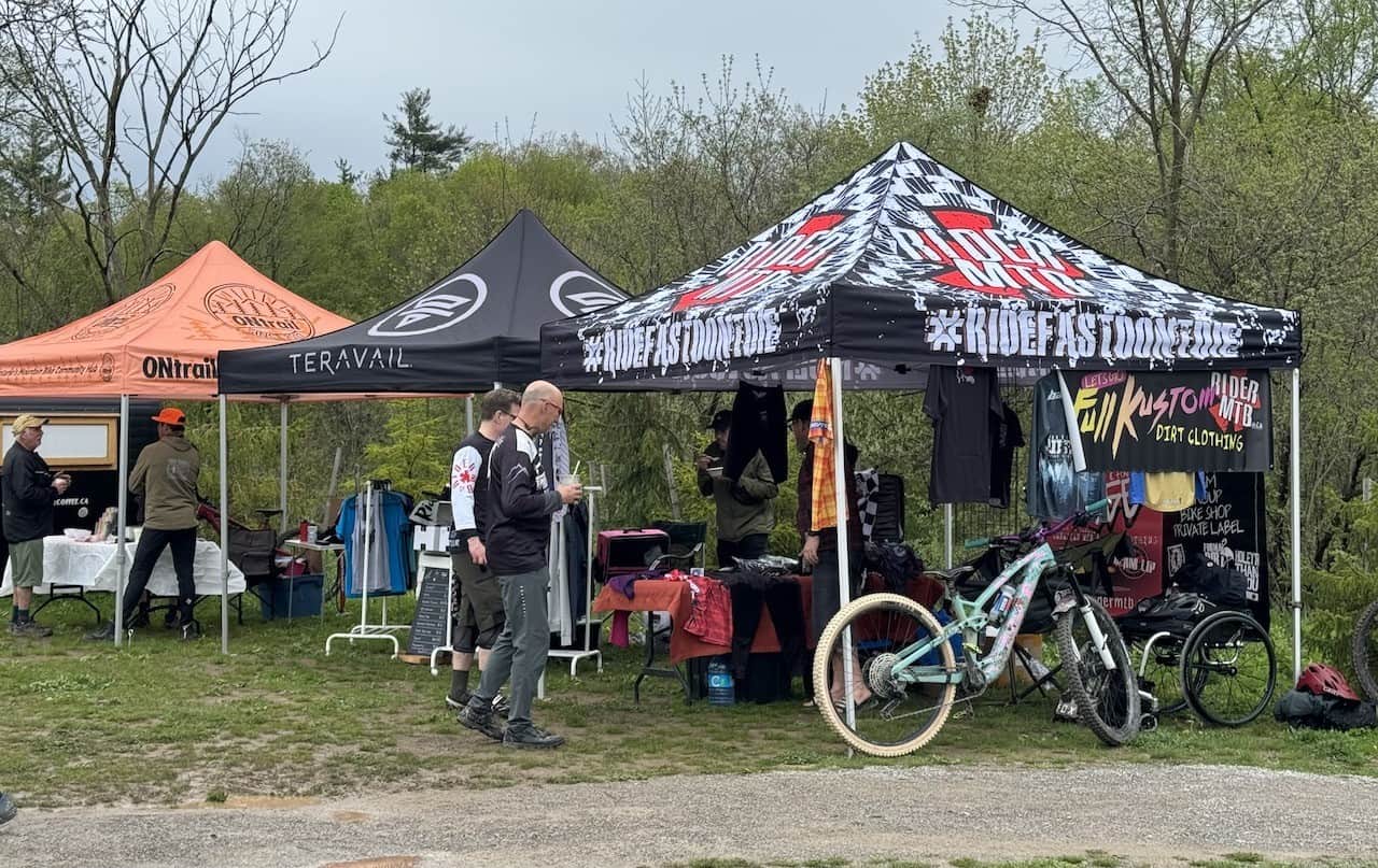 Spring Kicker Gear Tents at the Spring Kicker in St. Williams Ontario - A number of different vendors at the event sold mountain bike gear and products at the Spring Kicker event in St. Williams, Ontario, Canada.